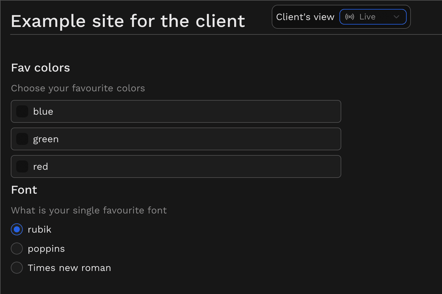 Live client-facing page view for the Select component example